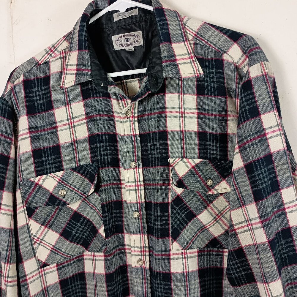 Vintage Plaid Flannel Shirt Mens L Blue 80s Grunge Workwear Chore Button Up